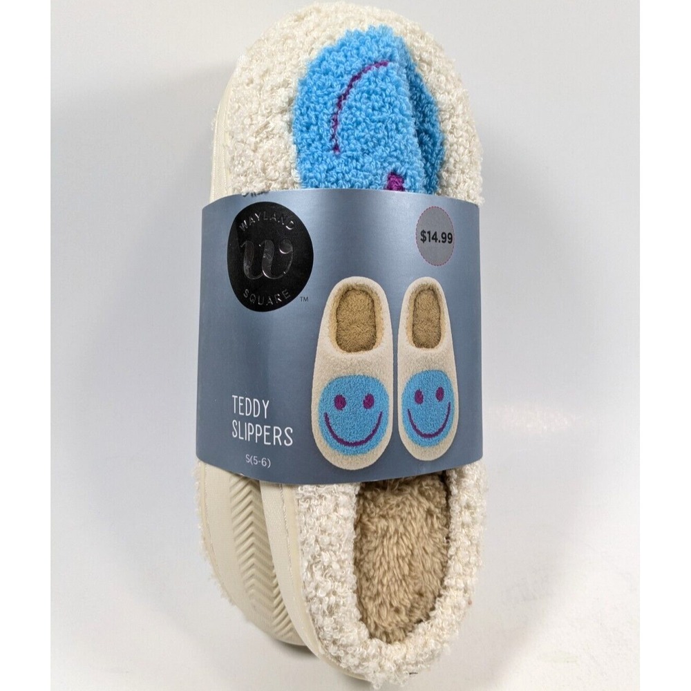 Wayland Square Smiley Face Teddy Slippers Women's Size Small (5-6) Blue‎ & White